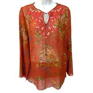 CAbi Womens 100% Silk Floral Embroidered Tunic Top S Coral Pink Sheer Boho Flowy
